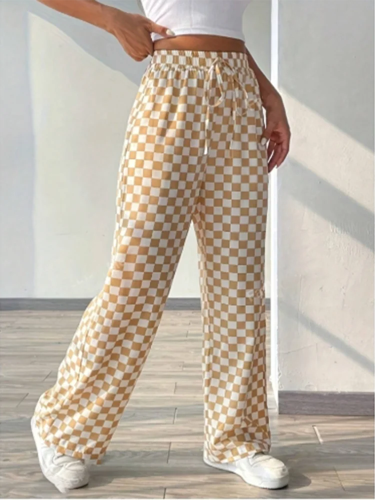 Checkered Printed Pants Lace Up Women\'s Casual Pants Fashionable High Street Versatile Daily Autumn Wide Leg Pants