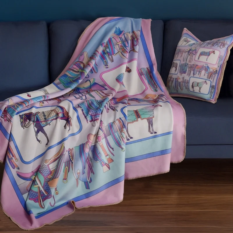 Luxury Silk Scarf Style Throw Blanket & Pillow Cover Set | Vibrant Horse Print Reversible Blanket | Modern Bohemian Sofa Bedroom