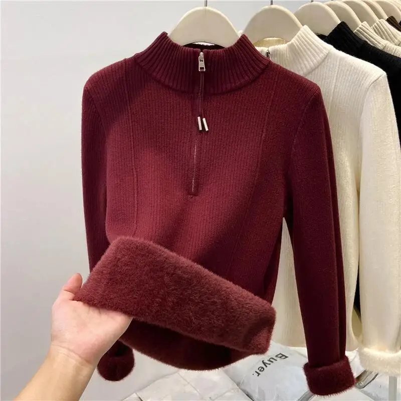 Zipper Half Turtleneck Sweater with Fleece Lining, Thickened Knitted Base Shirt for Women, Autumn and Winter Warm Inner Wear
