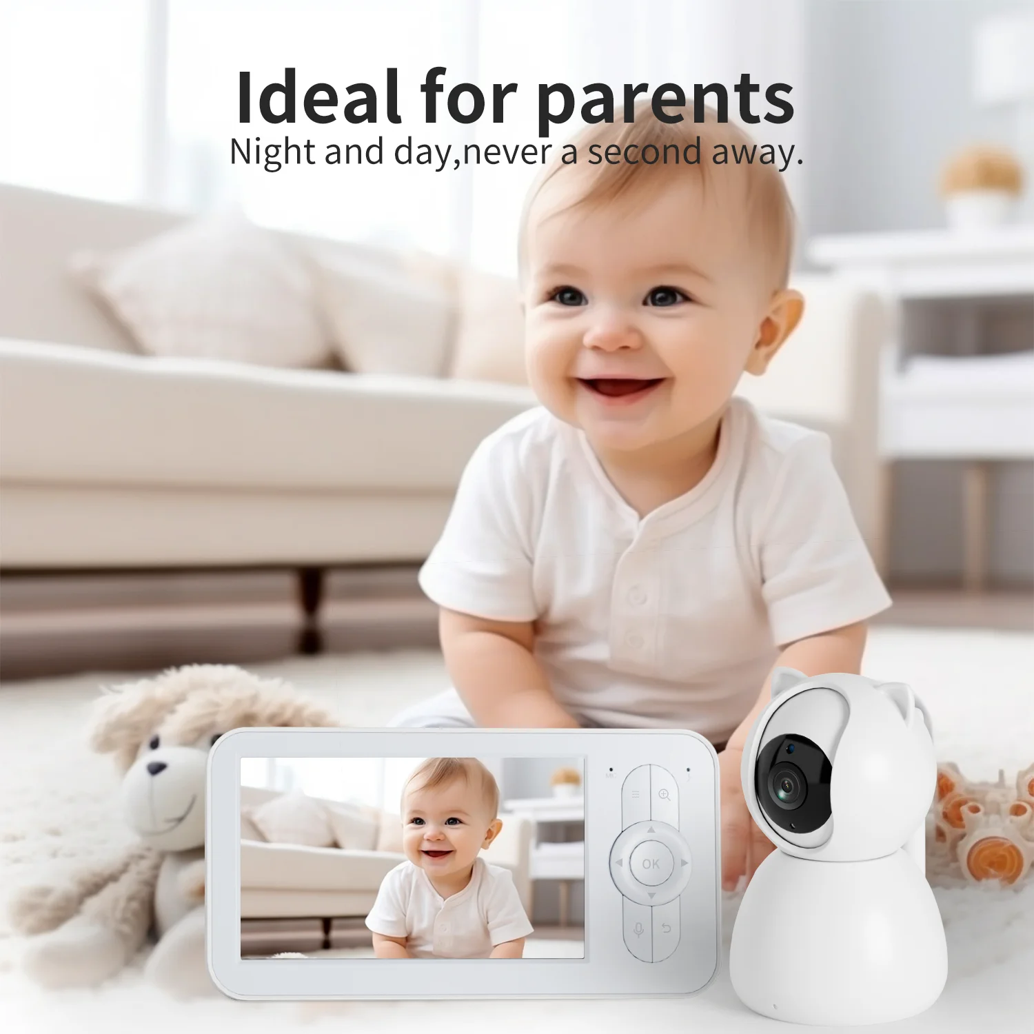 

Беспроводная комнатная видеоняня с ИИ, автоматическим отслеживанием, ночным видением, распознаванием звука VOX и 5-дюймовым монитором