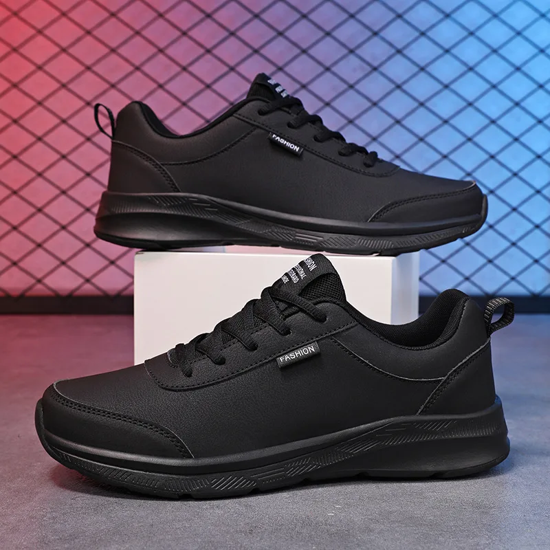 Men's shoes 2025 autumn leather sports shoes men's waterproof and anti slip running shoes black soft soled casual shoes