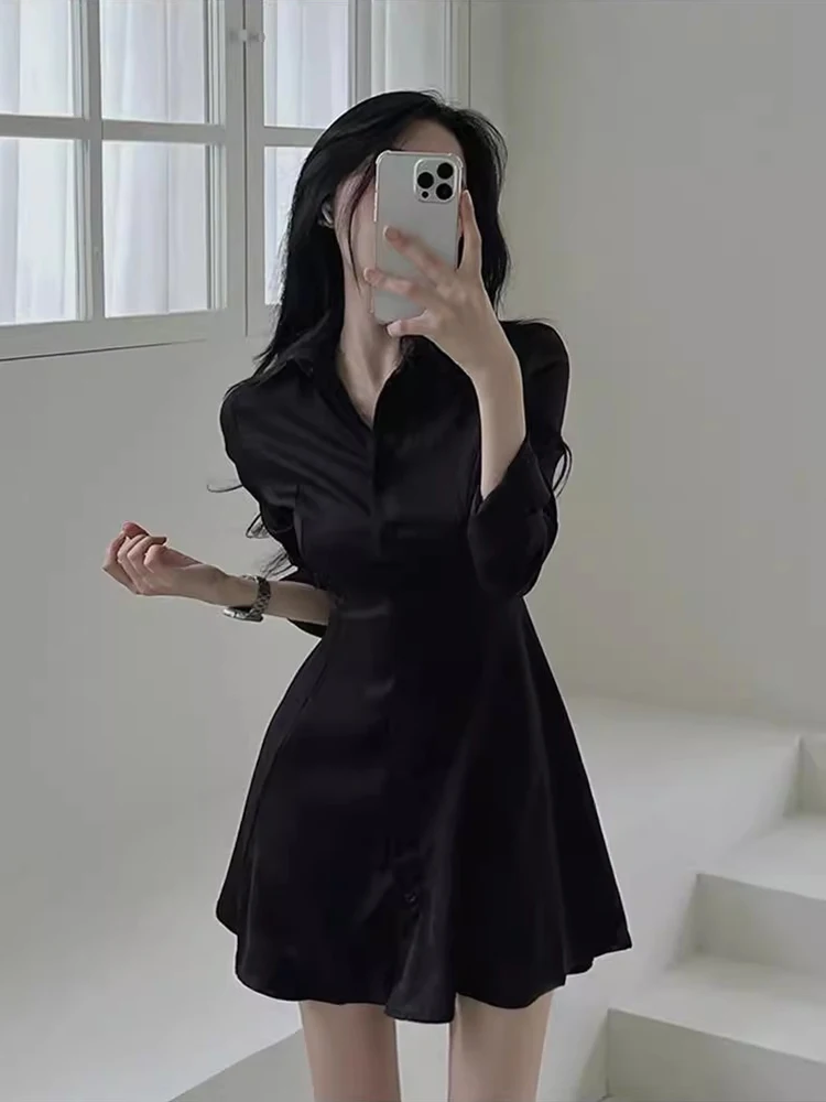 Korejpaa Korean Fashion Shirt Dresses Women 2024 Spring New French Temperament Solid Color Mini Dress Outwear Slim Waist Robe