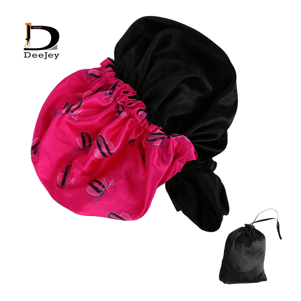

Custom all over logo printing satin double layer bonnet with a storage satin bag