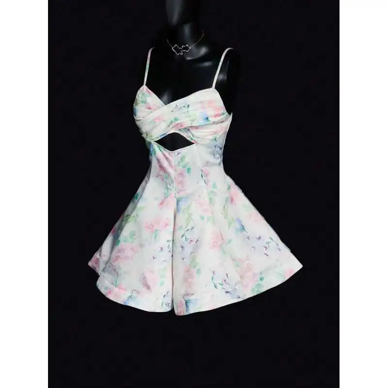 

2025 European and American French retro vacation style camisole dress tie dye printed sexy pleated camisole dress for women