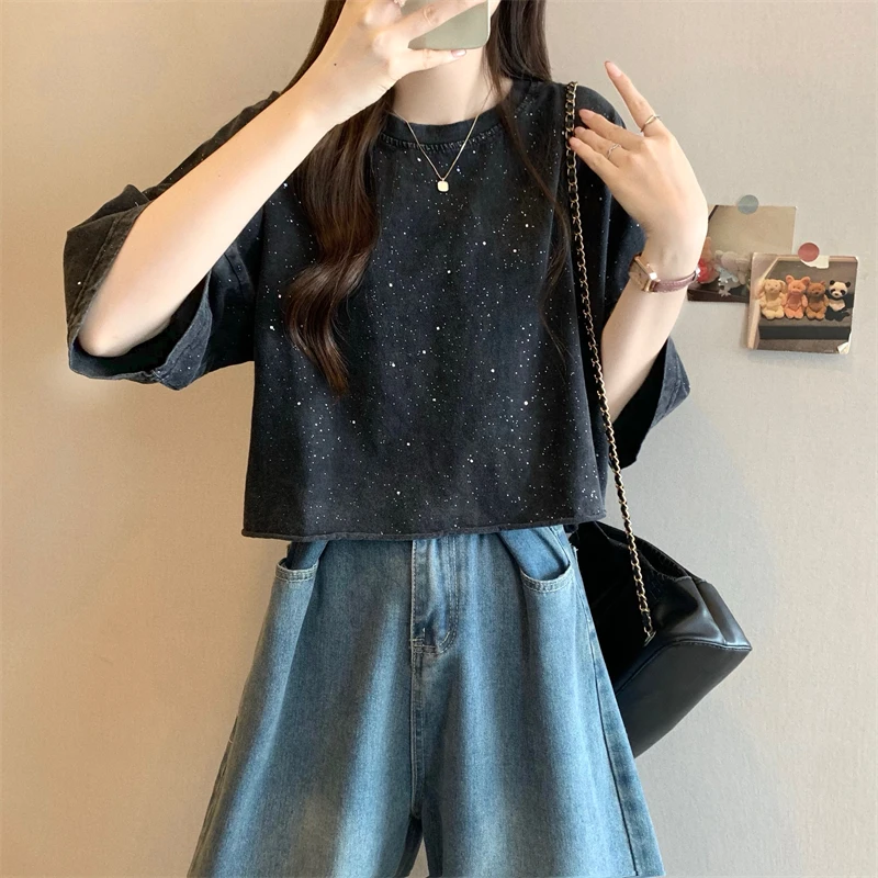 Vintage-Mode Diamanten Frauen T-Shirt 2025, vielseitig, lose O-Ausschnitt, halbe Ärmel, bauchfreie Tops, neuer koreanischer Stil, schwarze T-Shirts