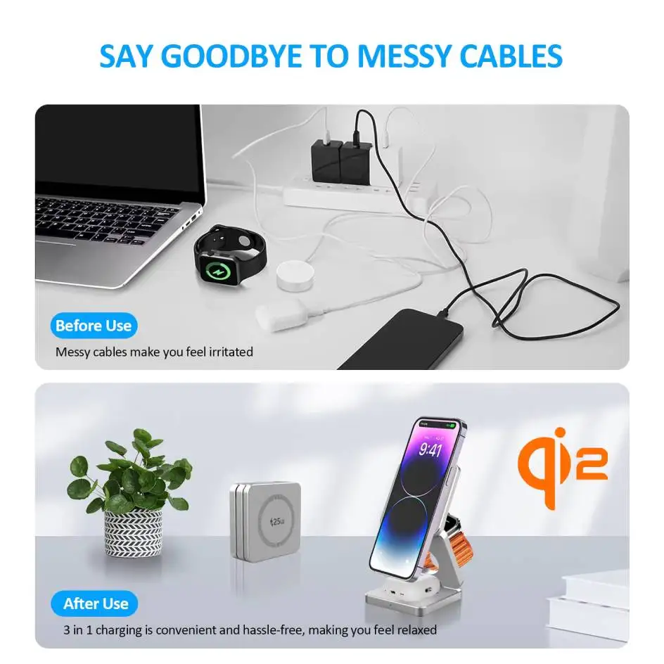 Qi2/Qi1 3 in 1 15 W magnetisches kabelloses Ladegerät für iPhone 17 16 15 Schnellladung, zusammenklappbar, für Apple Watch Airpods kabelloses Ladegerät – Detail 8
