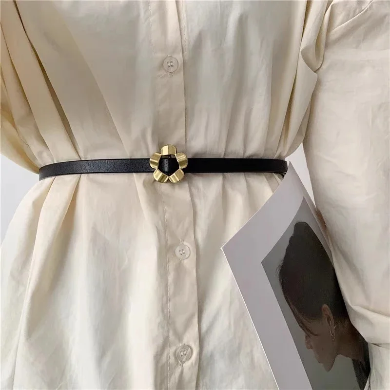 

Leather Thin Belt Women Versatile No Holes Matching Suit Dress Skirt Shirt Waist Cinching Metal Flower Belts 2DB2367