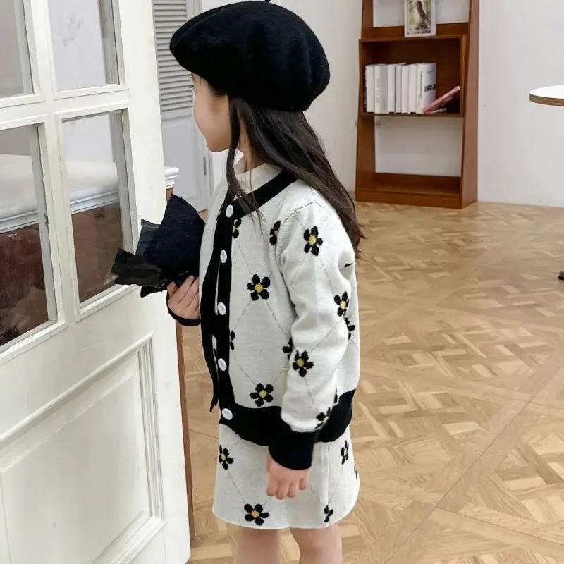 2026-korean-girls-knit-set-cardigan-skirt-outfit-spring-casual-wear-for-toddlers-chic-children's-clothing-new-arrival