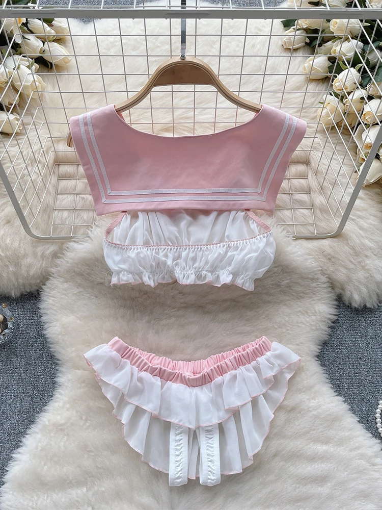 Conjuntos de dos piezas para mujer, Top corto sin mangas con cuello marinero y minipantalones cortos Vintage Y2k, pantalones rosas, conjunto de ropa Vintage de los años 2000