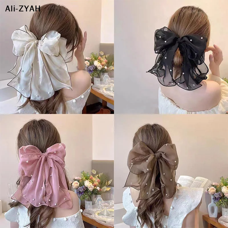 Modische Schleifen-Haarspangen mit Perlen für Damen, elegante Chiffon-Schleifen-Haarspange, Pferdeschwanz-Haarspange, süße Haarschmuck-Accessoires