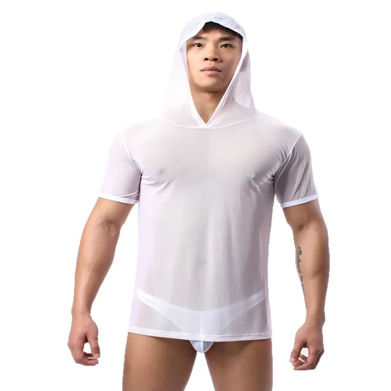 Men's Sexy Undershirt Short Sleeve Transparent Hooded Youth Mesh Breathable Crew Neck Slim T-Shirt Nightclub See-Through Blouse