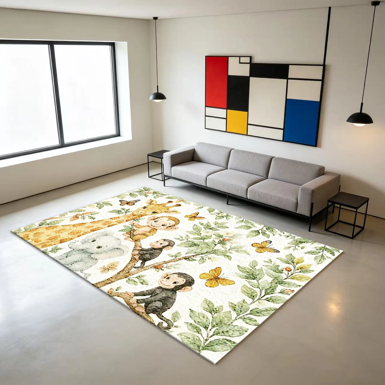 Watercolor Jungle Animals Carpet Giraffe Monkey Elephant Butterfly Kids Room Floor Rug