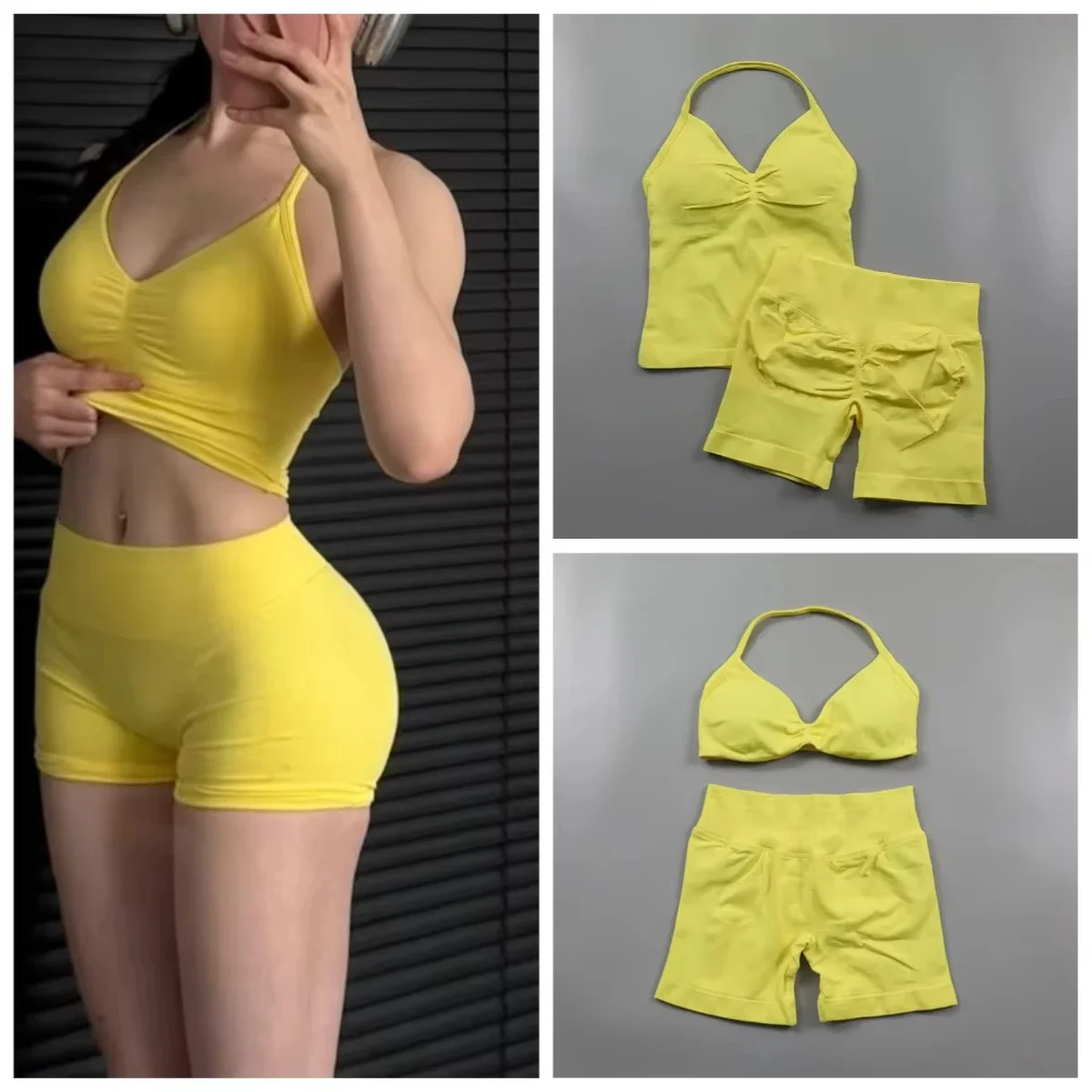 

2PCS Yoga Fitness Suit Women's Seamless Lace-Up Yoga Bra Top High Waist Workout Scratch Shorts Sports Suit Fitness Suit