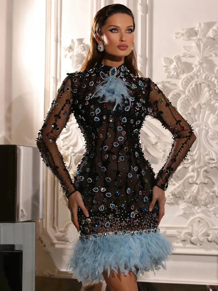 

Colourful Diamonds Short Prom Dress High Neck Rhinestones Long Sleeves Mesh Patchwork Feathers Hemline Mini Sexy Club Gowns