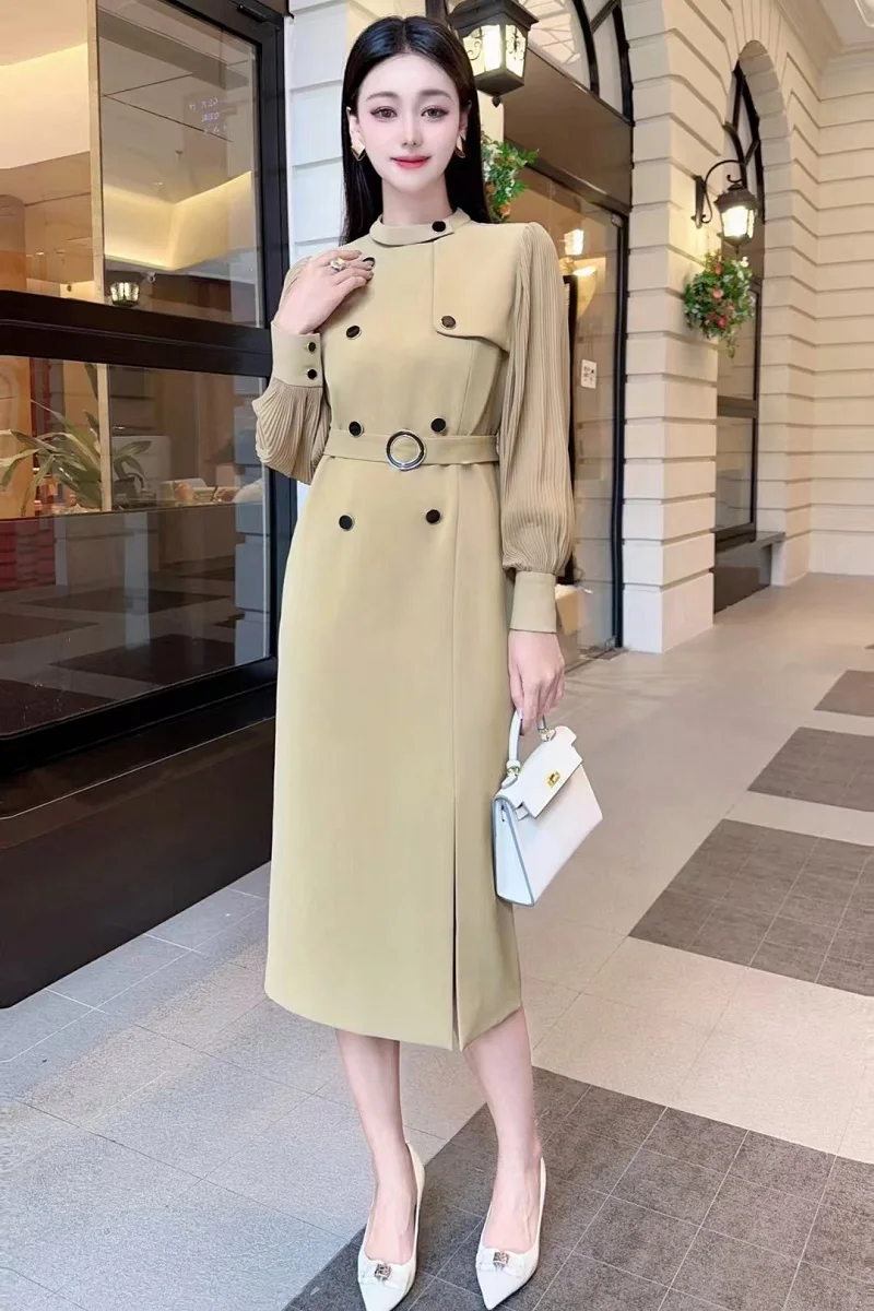 

Luxury Dress 2024 Autumn Winter Party Elegant Women Pleated Sleeve Patchwork Bodycon Party Midi Khaki Black Dress Clothes Female