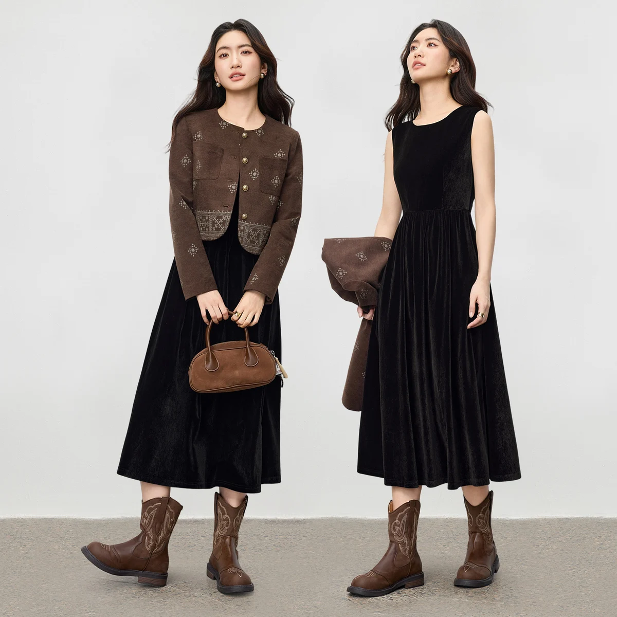 SENTUBILA Women 2026 Autumn Bohemian 2‑piece Vintage Ethnic Matching Set Round‑neck Outerwear Slim Slip Dress154ZB3491