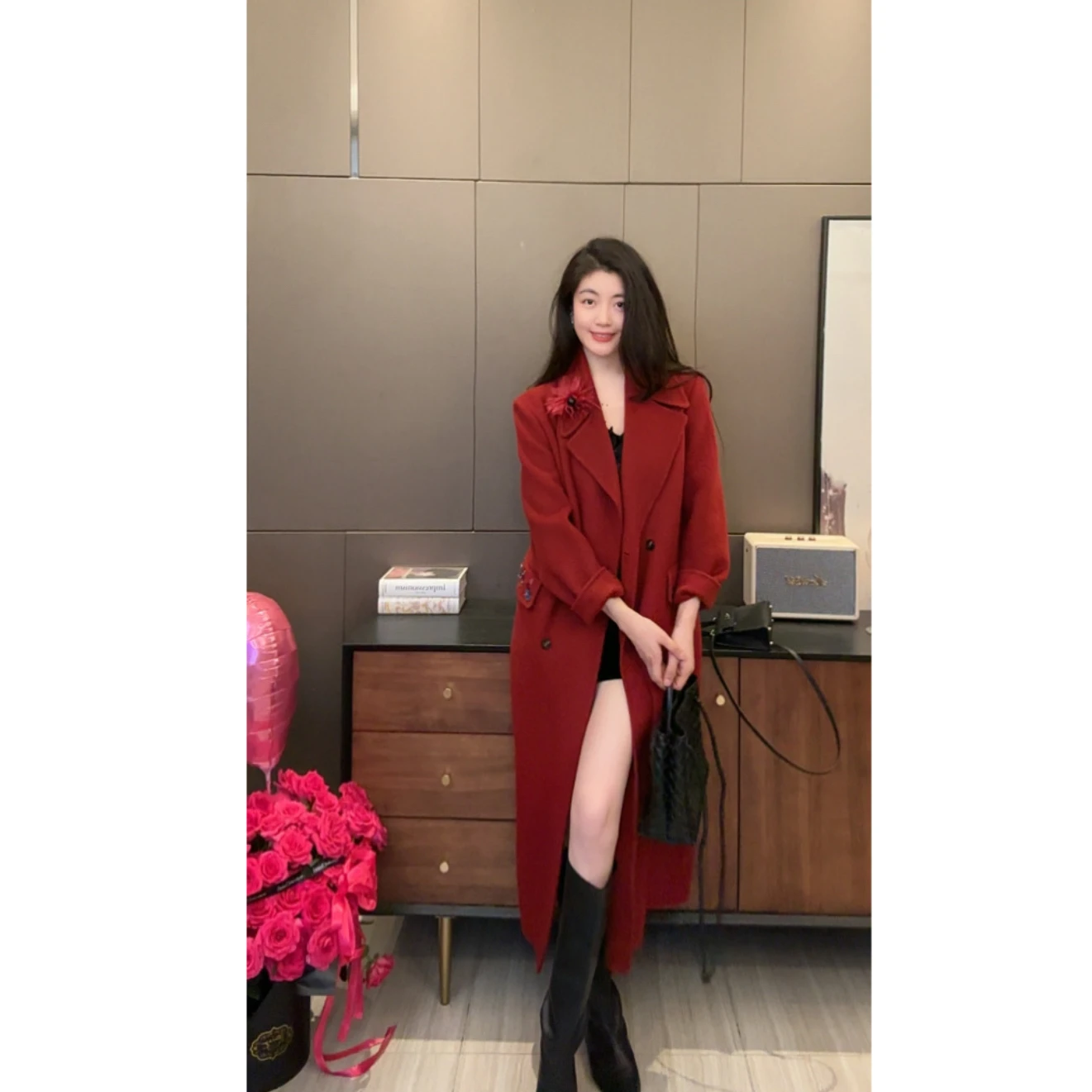 

NCOU Nicole Winter New Faionable Ele Red Double-Faced Wool Long Coat Women's Premium Quali Camere Silk Blend Outerwear