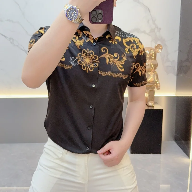 2025 Summer Fashion Heavy Industry Printing Slim-fitting Thin Shirt Fashion Trendy Men Casual Lapel Handsome Short Sleeves