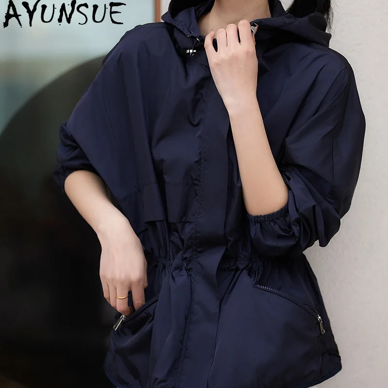 

AYUNSUE Hooded Trench Coat Woman Spring Autumn Windbreaker Jacket Woman Casual Short Trench Coat Long Sleeve Tops Woman Clothes