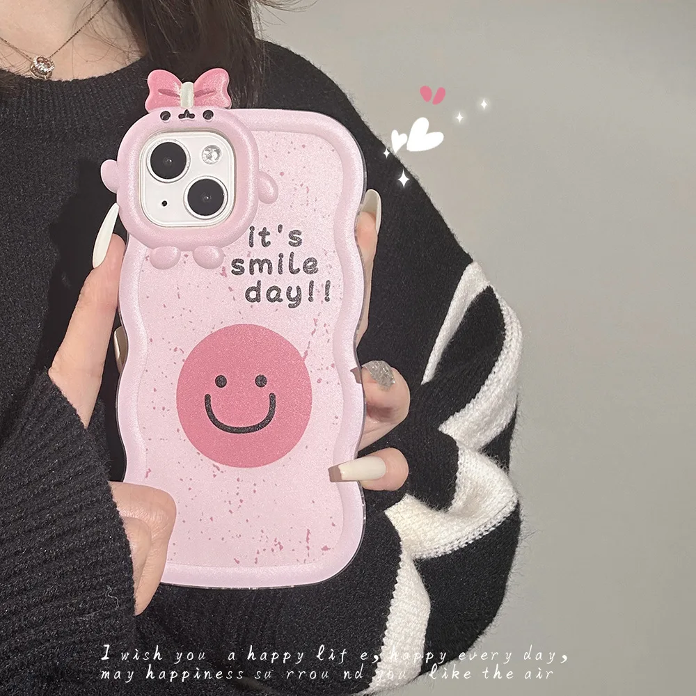 Cute Pink Smiley Phone Case for iPhone 14 13 12 11 Pro Max 14Plus X XS XR XS MAX 7 8 Plus SE2 2020 Clear Wave Pattern Soft Case