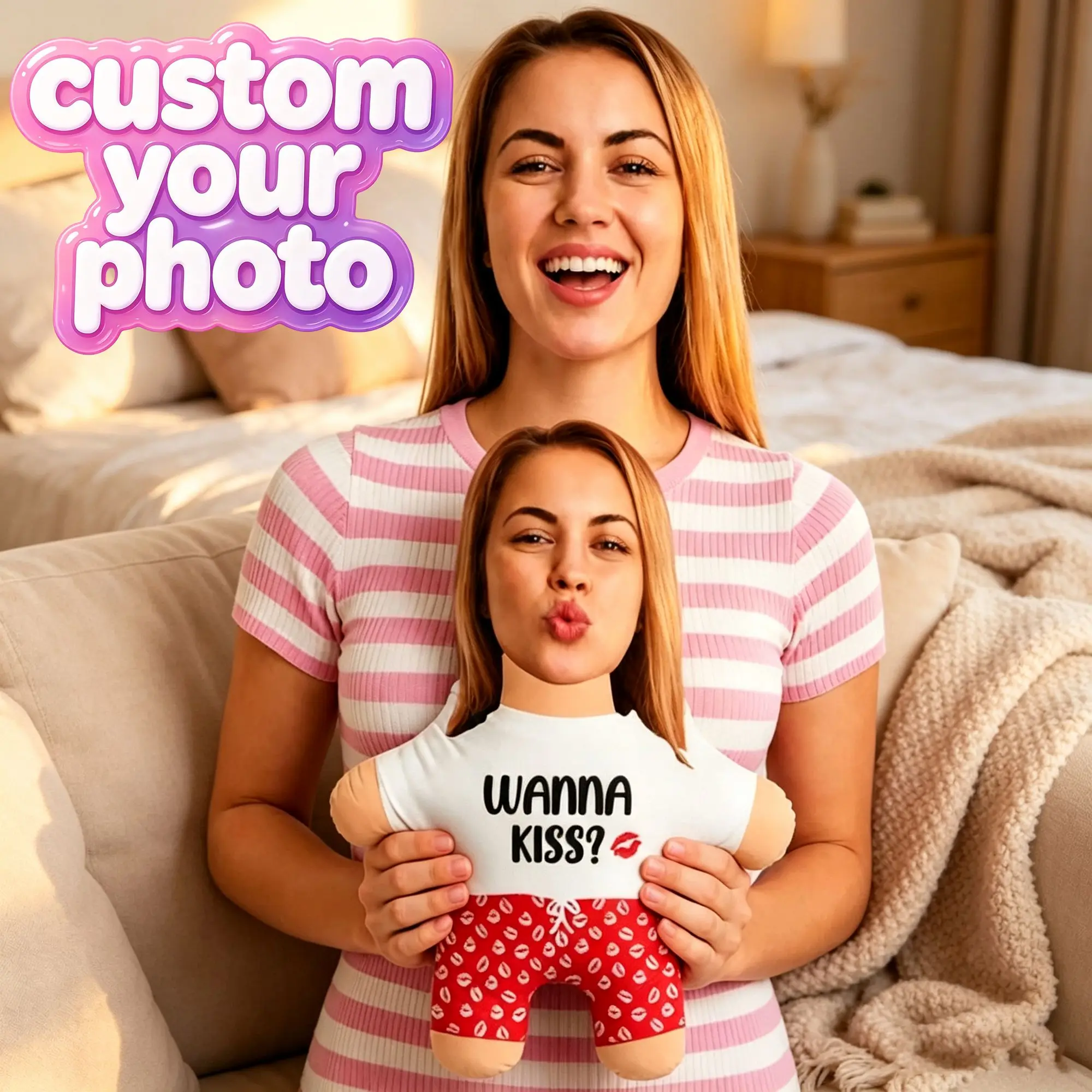 Custom Wanna kiss？Pillow Cushion Double Sided  Home Decoration Salon Personalized Plush Pillows for Sofa Gift for Couples