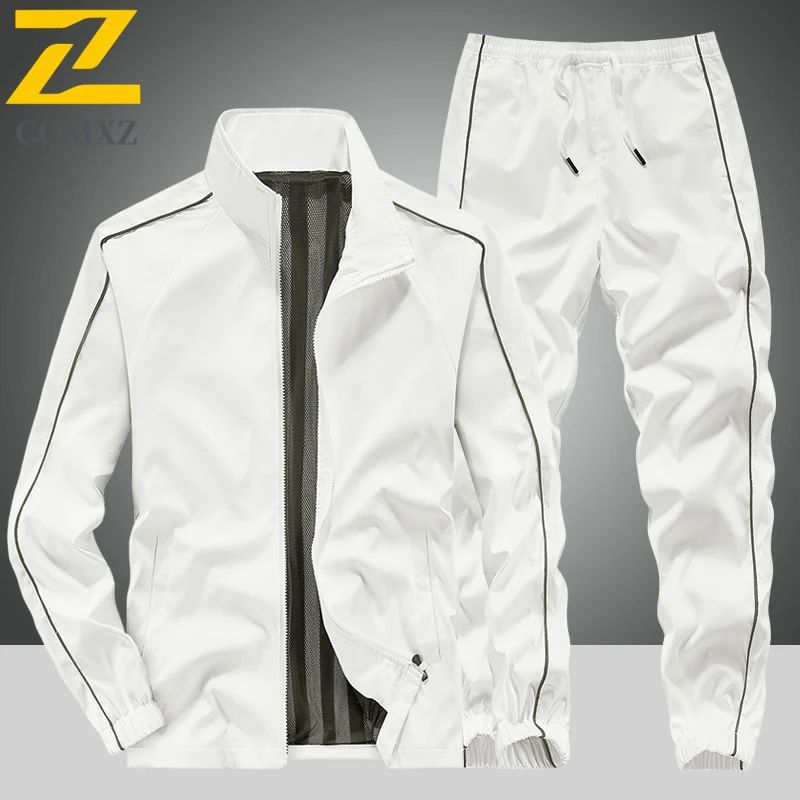 

5XL 6XL Autumn Thin Two-piece Lightweight Breathable Men's Sports Suit Solid Color Collar Jacket Loose Versatile Sports Pants