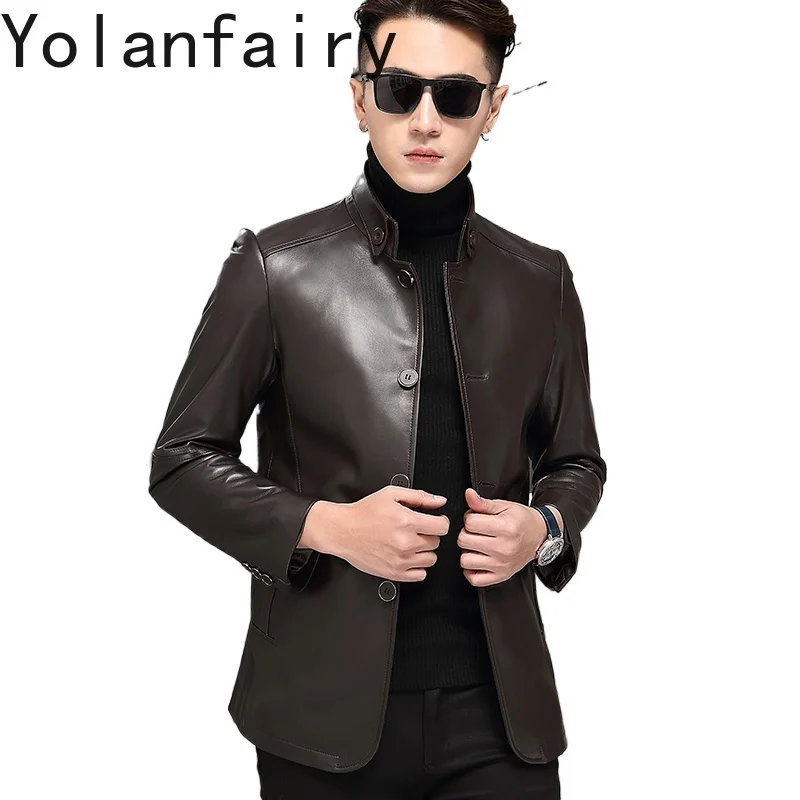 

YOLANFAIRY Genuine Leather Jacket Men Spring Autumn 2025 Mid-length Real Sheepskin Leather Trench Coat Slim-fit Chaquetas Hombre