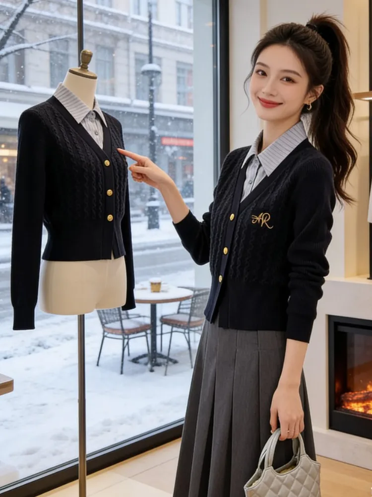 

Повседневный вязаный свитер женский осенне-зимний, новинка, в стиле колледж, имитация двухслойности, премиум-класс, свободный крой, с вышивкой