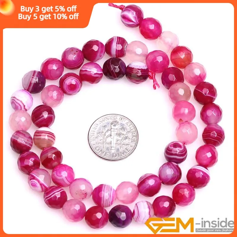 Round Faceted Banded Fuchsia Agates Beads For Jewelry Making Strand 15\