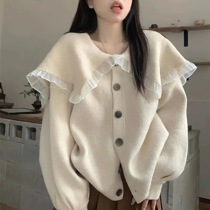 

Navy Neckline Knitted Cardigan Sweater Jacket Women Loose Lazy Style Milk Series 2023 Autumn New Loose Outerwear Top Solid Color