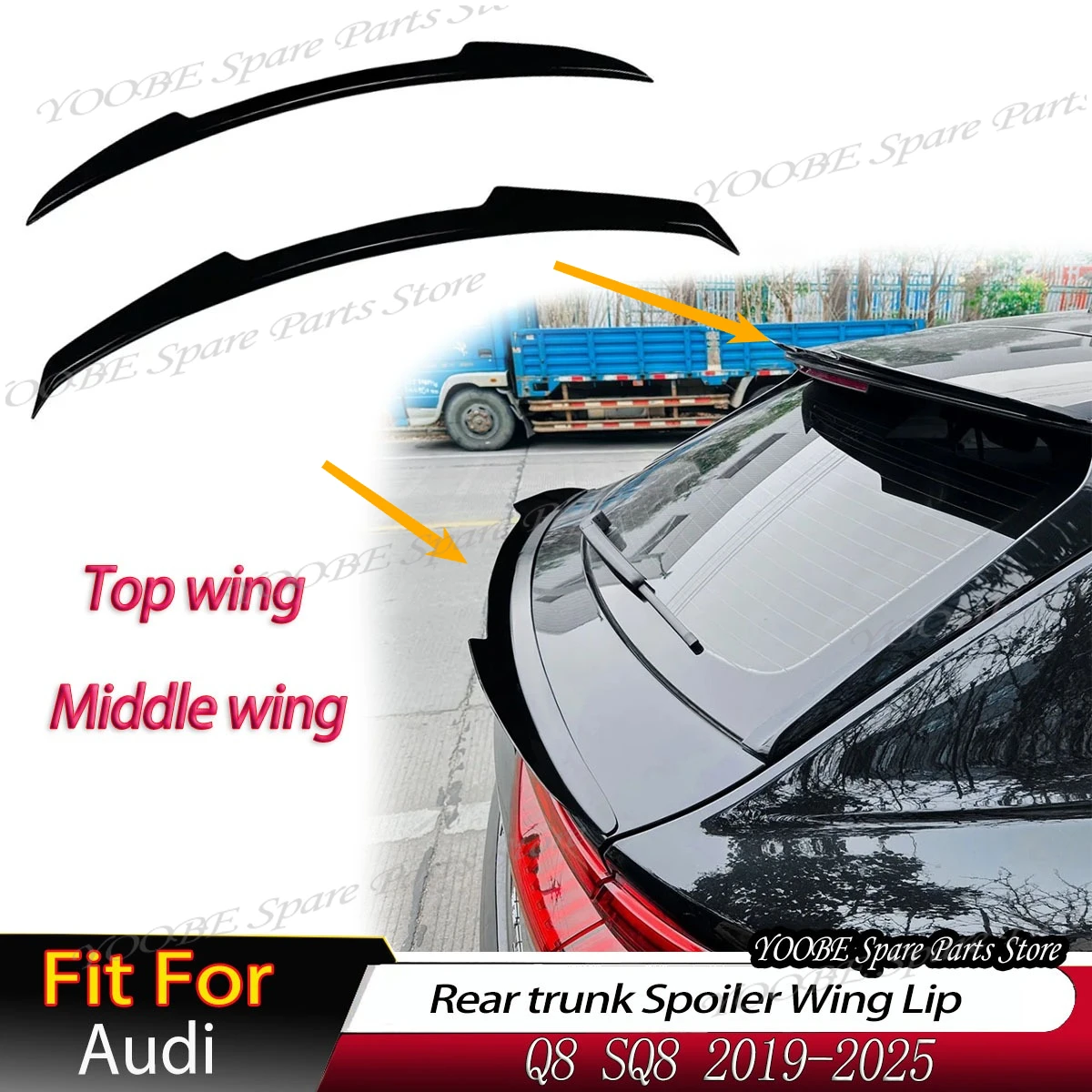 

Rear Trunk Spoiler Wing Lip Splitter for Audi Q8 SQ8 2019 2020 2021 2022 2023 2024 2025 Roof Top Wing Middle Wing Body Kit Trim