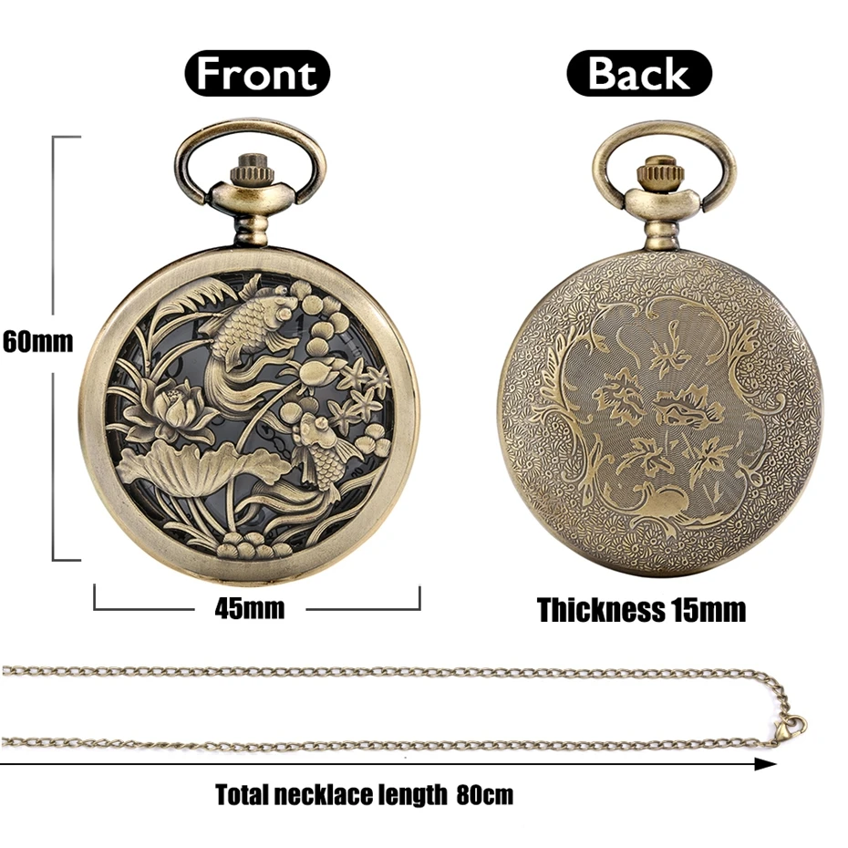 Hollow Lucky Carp Vivid Fishes Cyprinid Necklace Bronze Pendant Chain Quartz Analog Pocket Watch for Men Women Art Collectibles