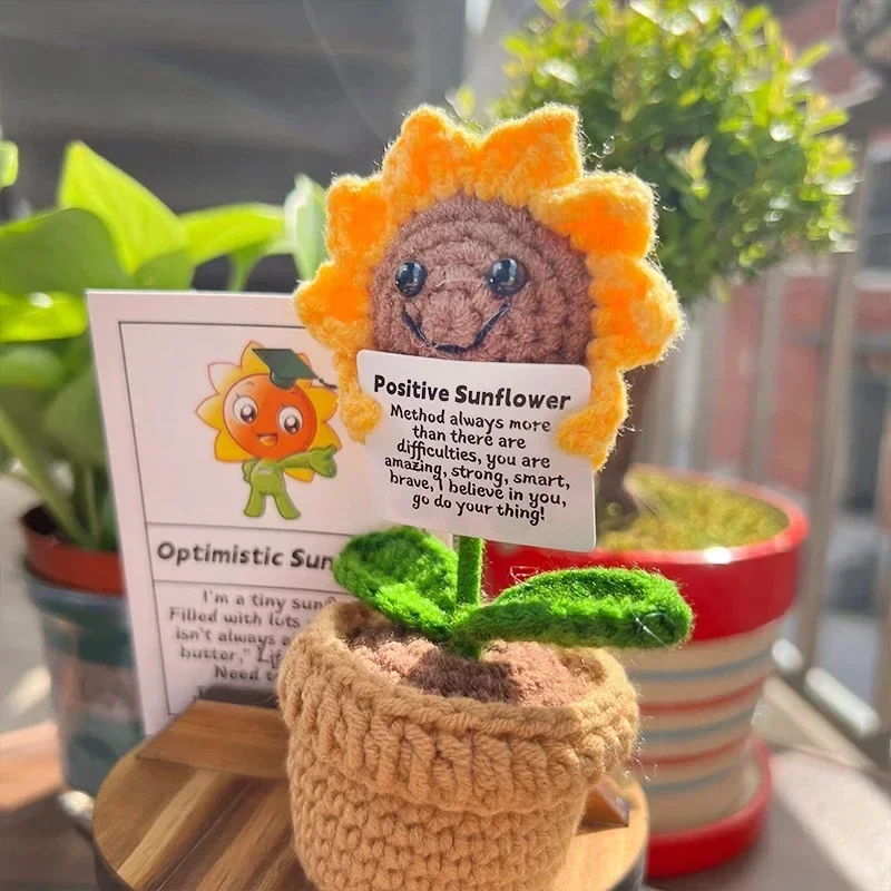 Positive Energy Sunflower Hand-woven Dolls Hug Pocket Knitting Doll Positive Card Desktop Ornament Gift Room Motivational Decor