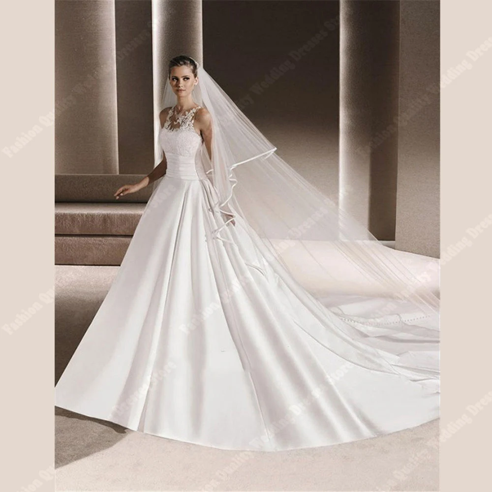 Weiche quadratische Hals Frauen Satin Brautkleid für Braut elegant ärmel los eine Linie Brautkleider langen Zug Hochzeits feier Kleider 2024