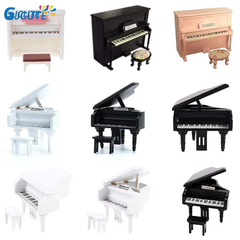 1/12 Dollhouse Mini Piano with Stool Musical Instrument Model for Doll House Accessories Decor Miniature Retro Piano Set