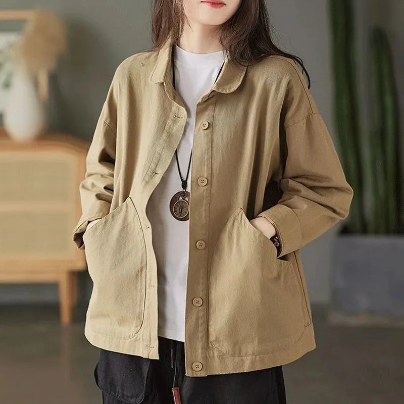 Spring Autumn Women Short Twill Cotton Jacket 2024 Retro Style Female Long Sleeved Large Pocket Coat Lady Loose Leisure Outwear