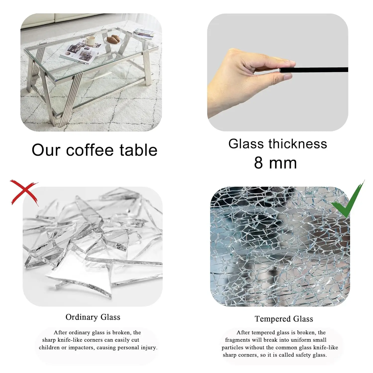 47" Modern Coffee Table, Double-Layer Clear Tempered Glass Table Top With Stainless Steel Frame, Center Table With Storage, For