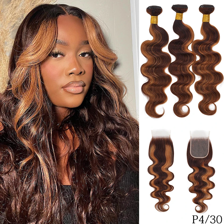 100% شعر بشري لعذراء البورمية الجسم موجة 2/3 حزم مع الدانتيل إغلاق البيانو تسليط الضوء على أومبير الجسم موجة مع 4x4 HD الدانتيل إغلاق