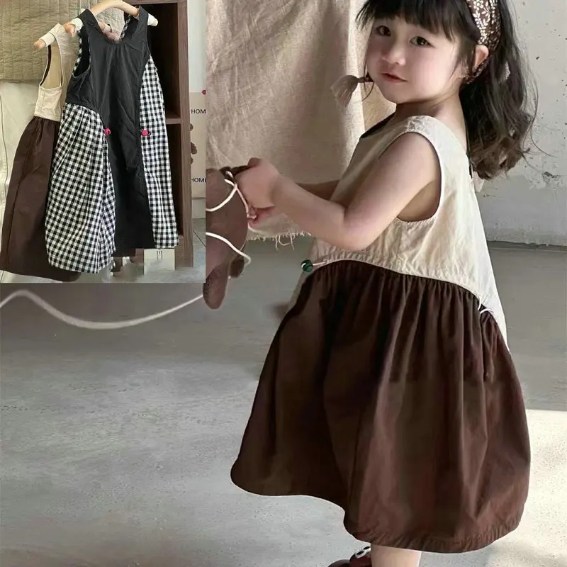 Fashionable Children\'s Dress Japanese Korean Style Color Blocking Splicing Cute Girl\'S Dress Princess Dress New Summer Clothing