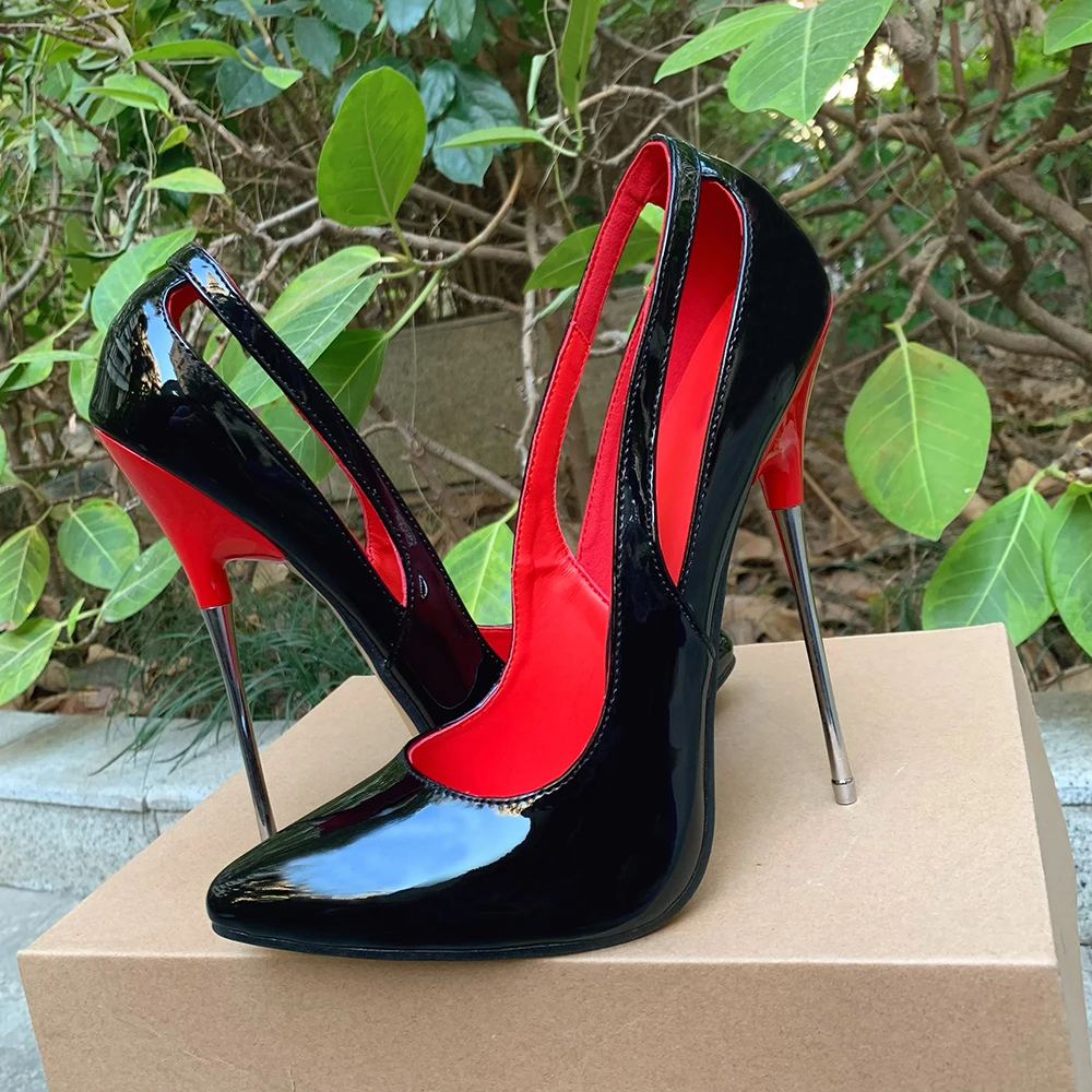 Pompa desain mode dalam merah hitam bersinar 16cm stiletto hak tinggi logam ekstrem sepatu kustom Model foto Fetish seksi