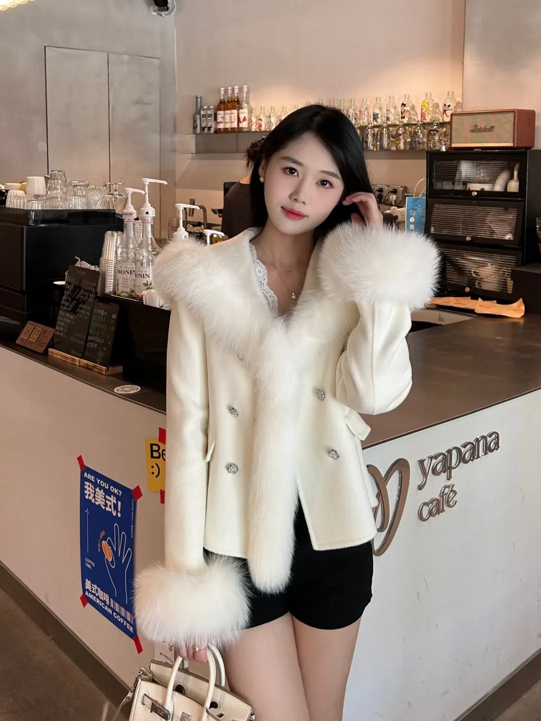 2025 autumn and winter new double-sided wool short coat fox fur collar black slim-fitting top woolen coat
