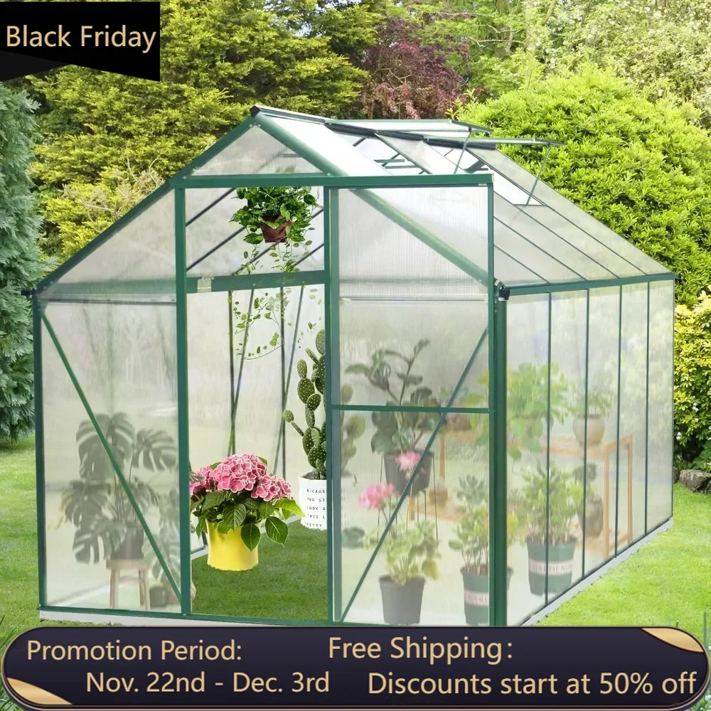 6' x 10' Walk-in Polycarbonate Greenhouse with Sliding Door, 2 Vent Window, Rain Gutter, Base and Anchor, Aluminum Heavy Duty