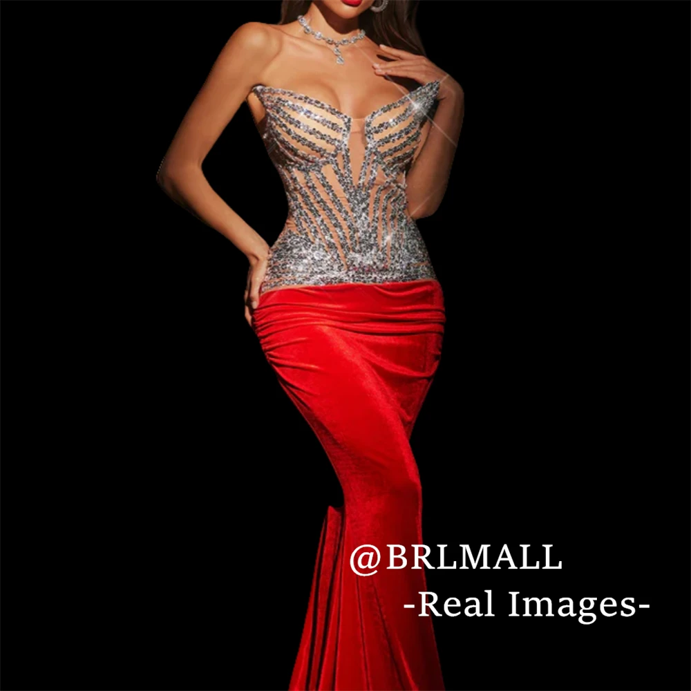 Strapless Velvet Prom Dress Women Silver Beaded Sheath Formal Evening Dresses Real Photos BRLMALL Party Gown Wedding Guest Dress