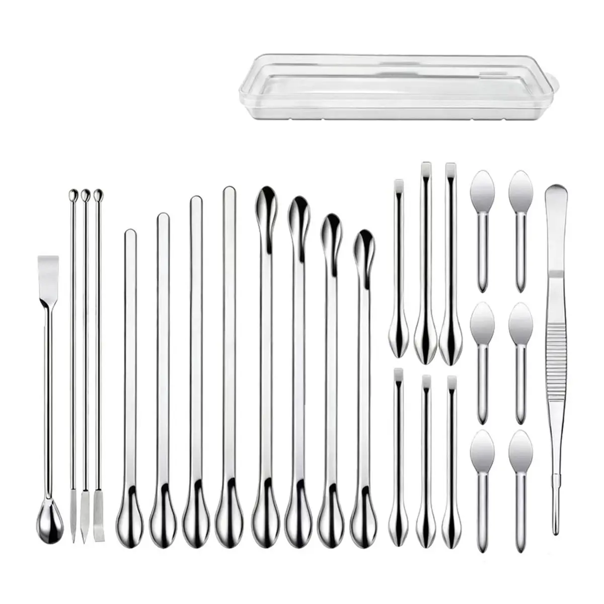 L63A 25 Pcs Stainless Steel Lab Spatula Micro Scoop Set Laboratory Tiny Mixing Spatula with Tweezers Long Sampling Spoon