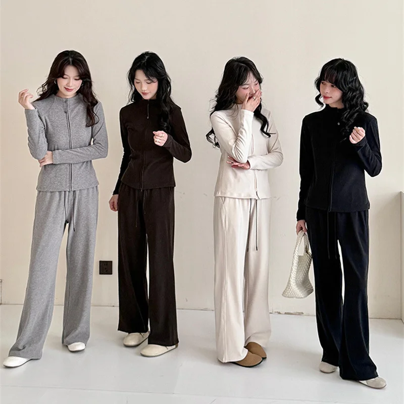 

Spring Summer Sweatshirt Two-piece Suit Women's Casual Sports Sets Zipper-up Slim Top Short Coat Wide-leg Trousers 2-piece Sets