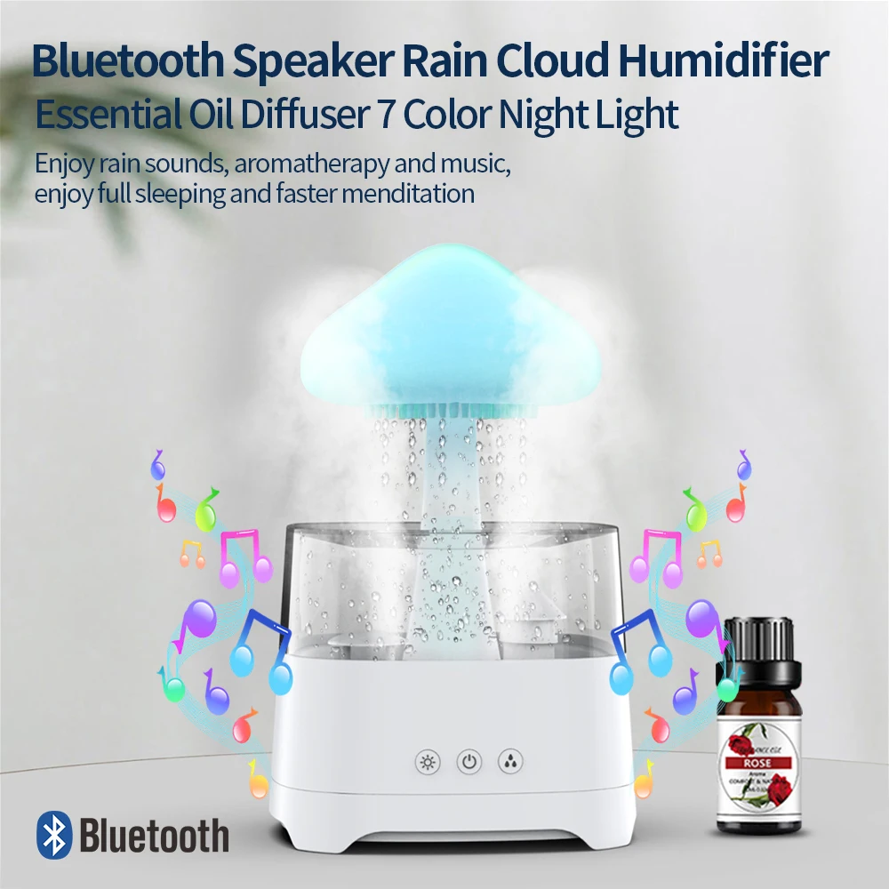 

Bluetooth Mushroom Rain Air Humidifier Colorful Night Light Essential Oil Diffusers Moisturize Skin Relieve Fatigues for Bedroom