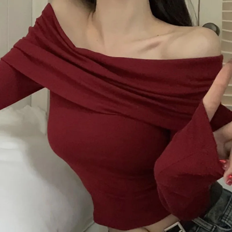 Sexy Off Shoulder Slash Neck Pullover for Women Elegant Slim Long Sleeve Backless Party Wine Red Tees Korean Chic Y2K Crop Tops - Image 6