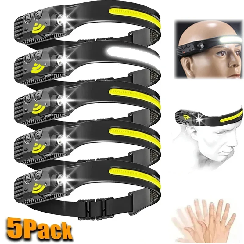 1-10PCS COB Induction Headlamp Built-in Battery Sensor Head Flashlight USB Rechargeable 5 Lighting Modes Waterproof Headlight