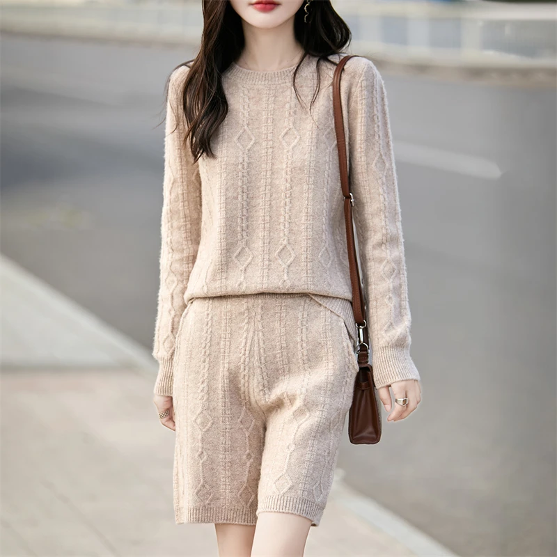 

Fall/Winter 100% Pure Wool Suit Women's Knitted Round Neck Long Sleeve Pullover Elastic Waist Straight Pocket Shorts