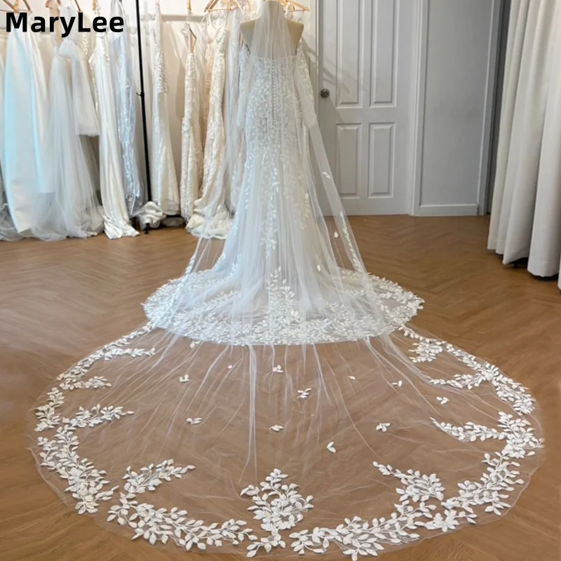 

Одноуровневая свадебная фата из тюля с кружевными аппликациями, длинная фата цвета слоновой кости белого цвета, мягкая фата из тюля для свадьбы с расческой